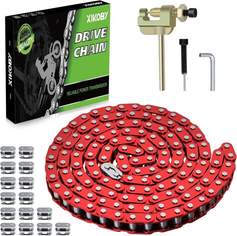 XIKOBY T8F Drive Chain 134 Link Chain Breaker Compatible with 2 Stroke Engine SYX Moto 50cc Dirt Bike Mototec SSR X-pro Coolster 47cc 49cc Pocket Rocket Pit Bike ATV Quad 4 Wheeler Go Kart Parts (Red) - Image 1